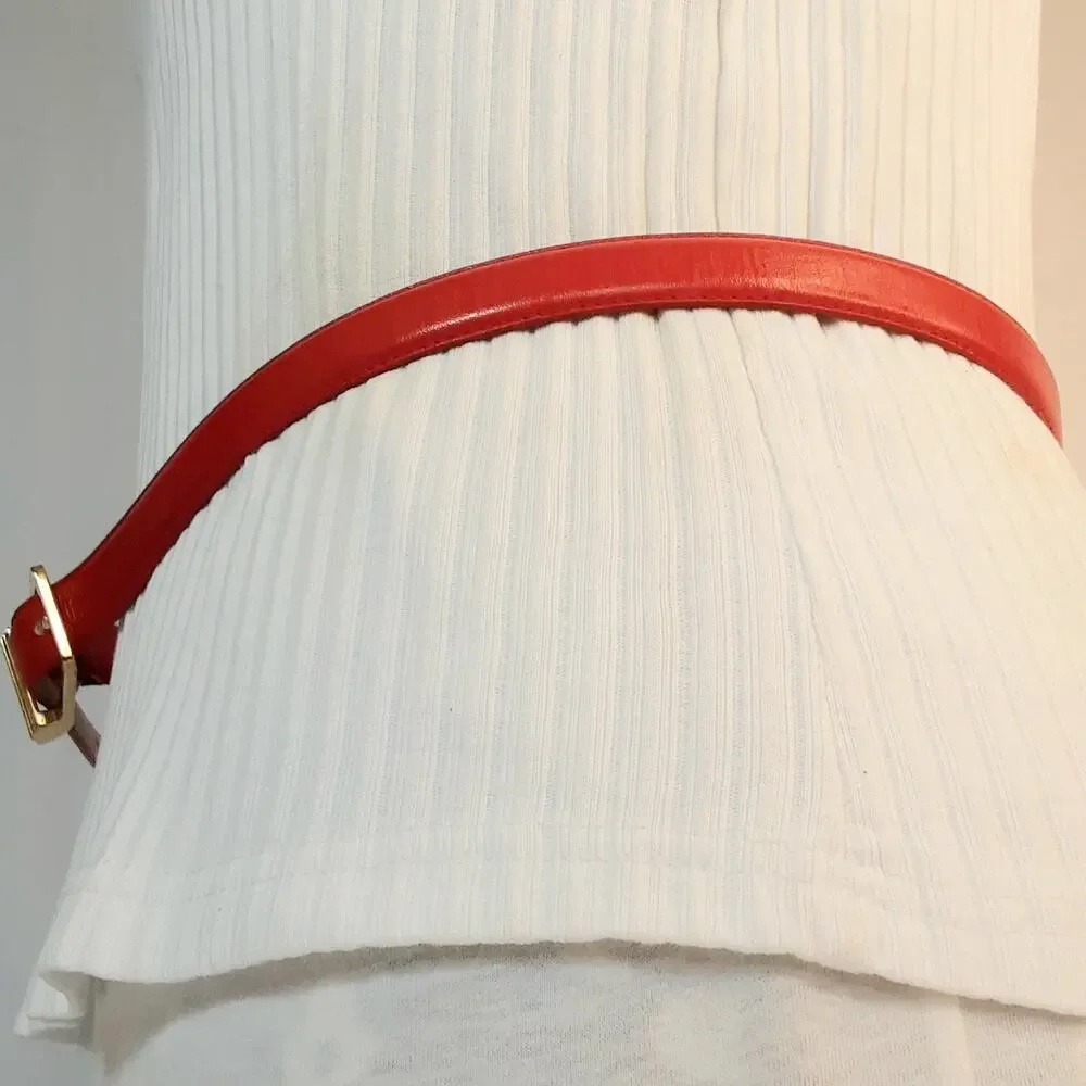 Womens Rose Red Genuine Leather Skinny Belt Size Medium Art Deco Buckle